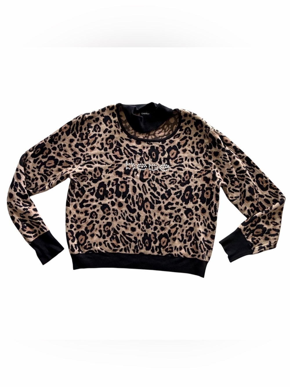 BEBE Leopard Print Crewneck Sweater with Rhinestone Accent